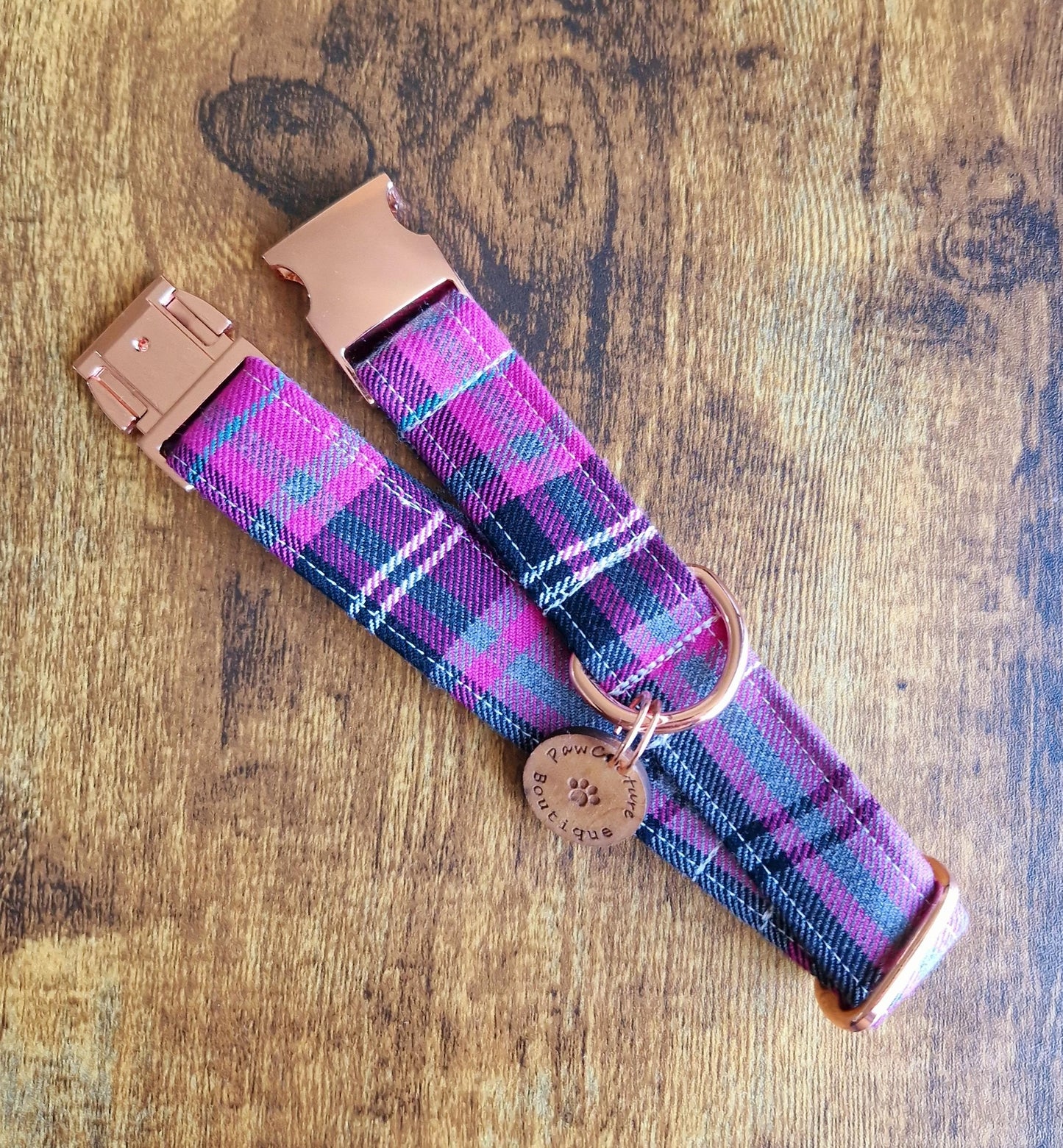 Pink Grey Tartan Dog Collar